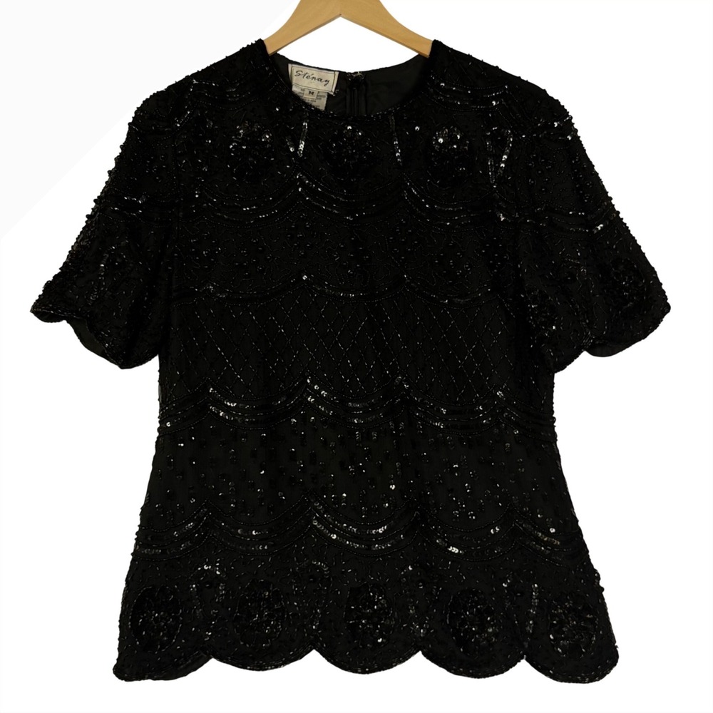 Stenay Womens Size Medium Black Silk Beaded Sequin Evening Top Formal